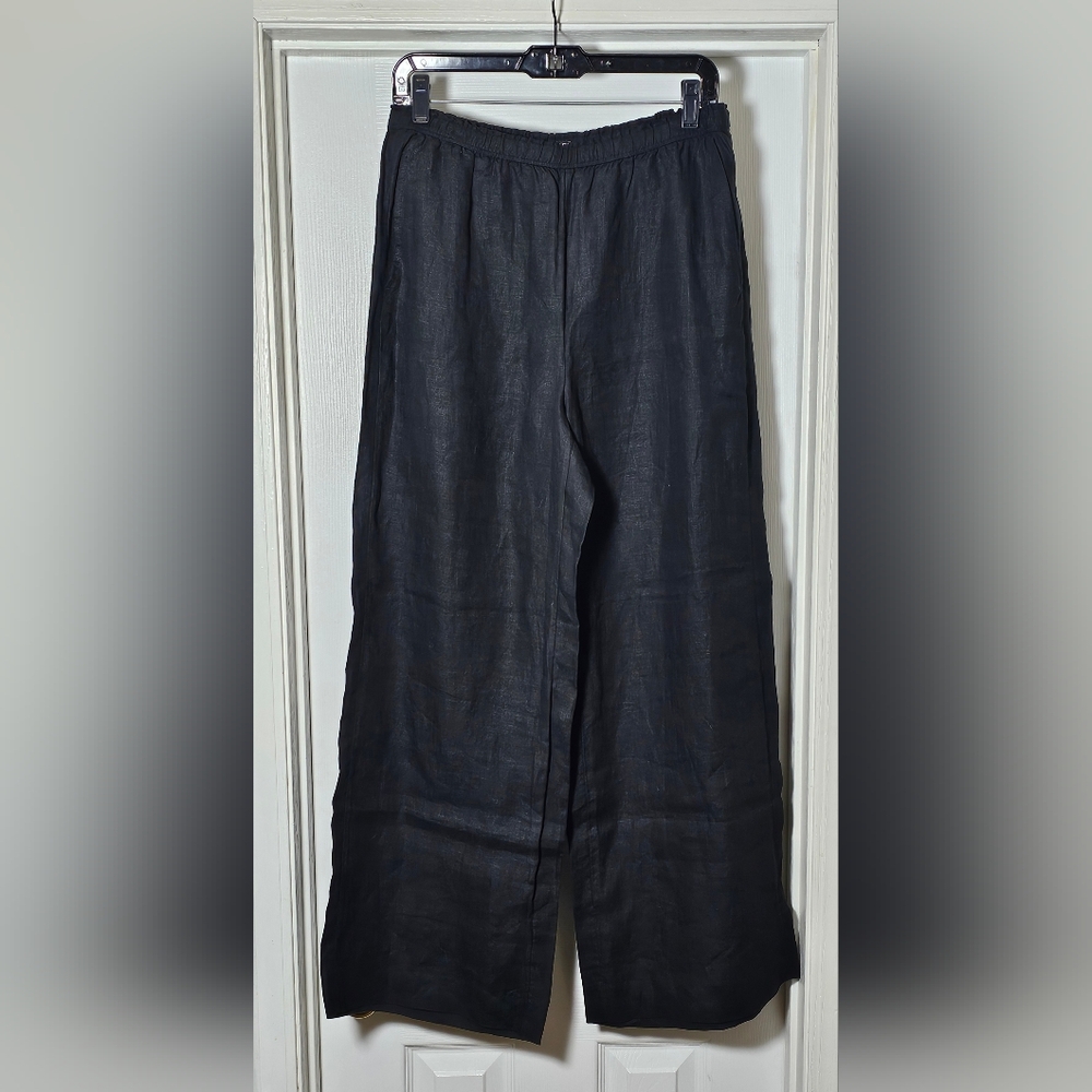 J.Crew Women's Stratus Wide Leg 100% Linen Pant Black Size Medium Slash Pockets